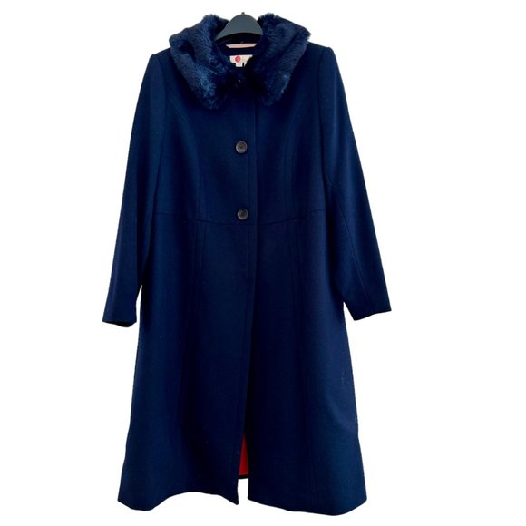 Boden Austen Coat Navy Blue Wool with Removable Faux Fur Trim Collars Size 16R - Picture 8 of 14